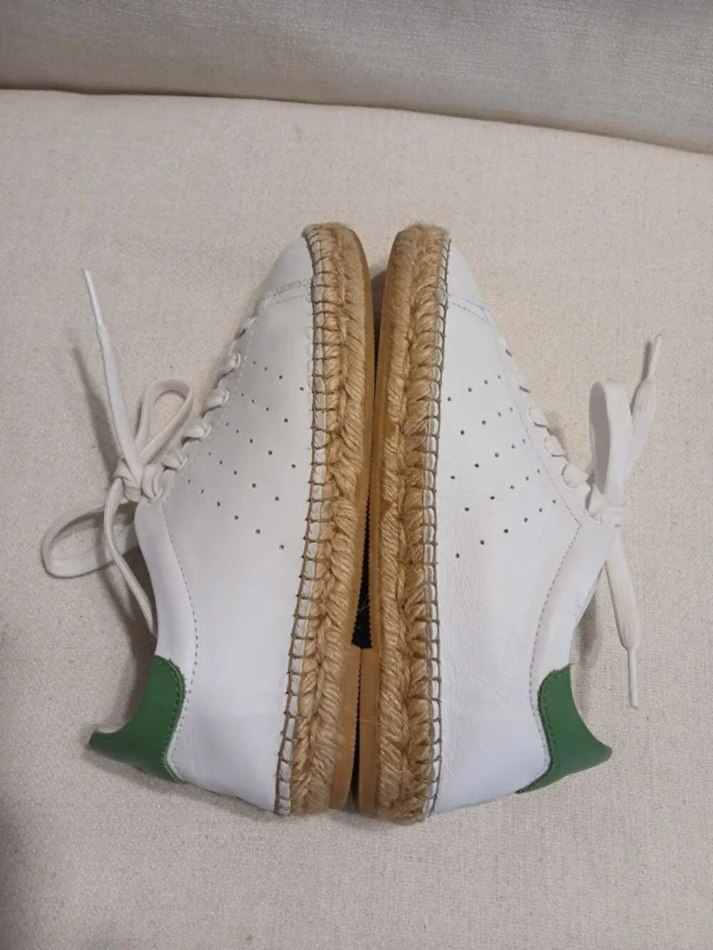 Andrew Stevens Made in Spa White Leather Espadrille Sneakers Green Heel Size 36